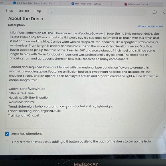 Lilian West Bohemian Off-The-Shoulder A-Line Wedding Gown with Lace Size 14 - Picture 11 of 11